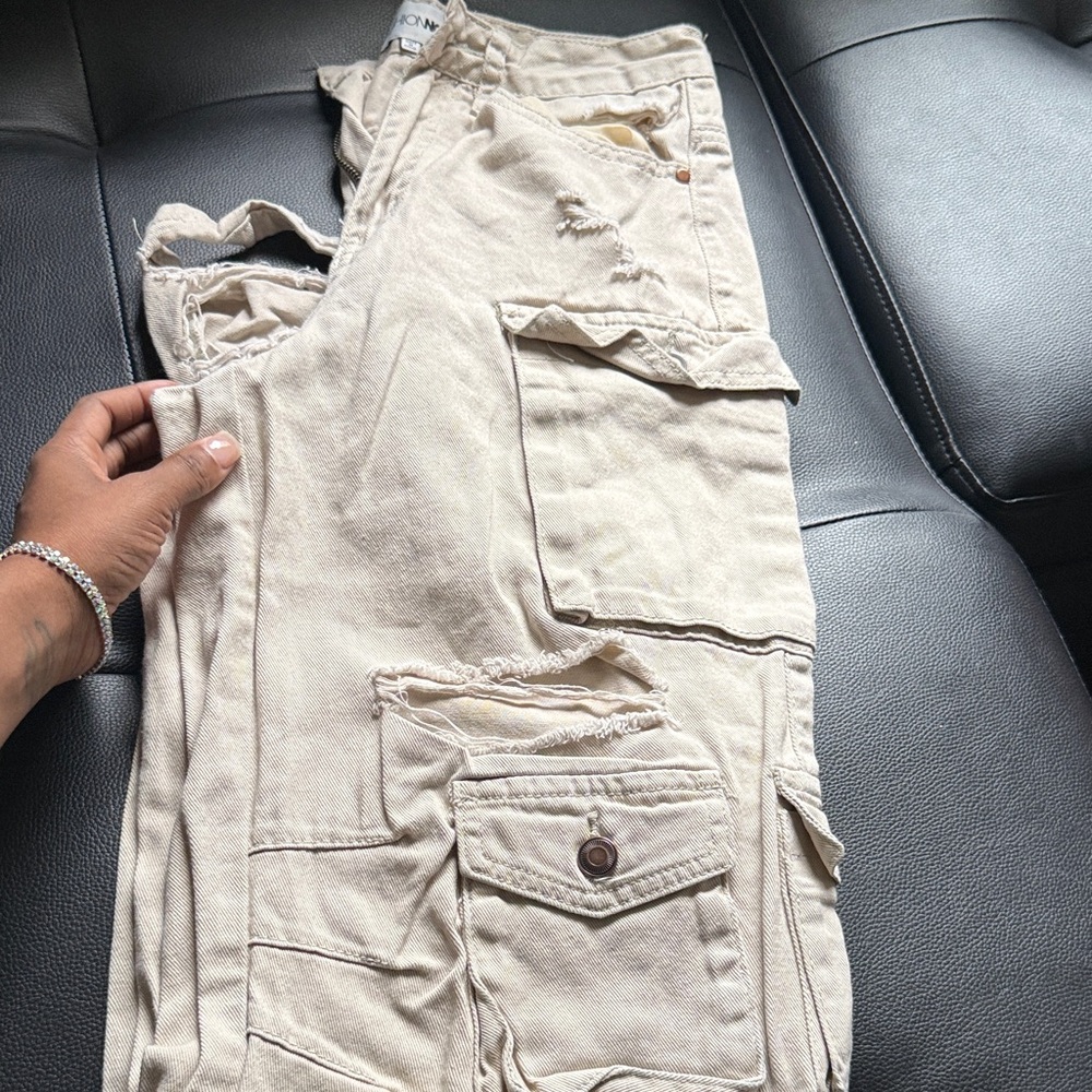 Fashion Nova Light Tan Distressed Cargo Pants